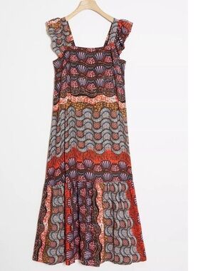 Corey Lynn Calter in Anthropologie Midi Boho Dress with Red and Orange XSP boho